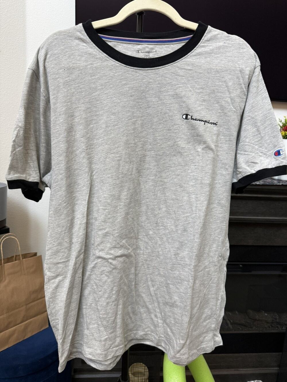Champion Ringer T-Shirt Mens Large Grey Black Jersey Cotton Tee